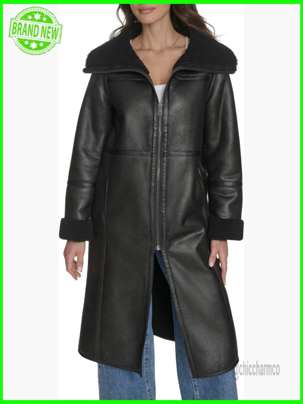 Long Faux Shearling Coat With Sherpa Lining, Zip Front, Heavyweight